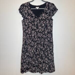 Garnet Hill black/pink floral boho Summer Day drop-waist swing v-neck dress